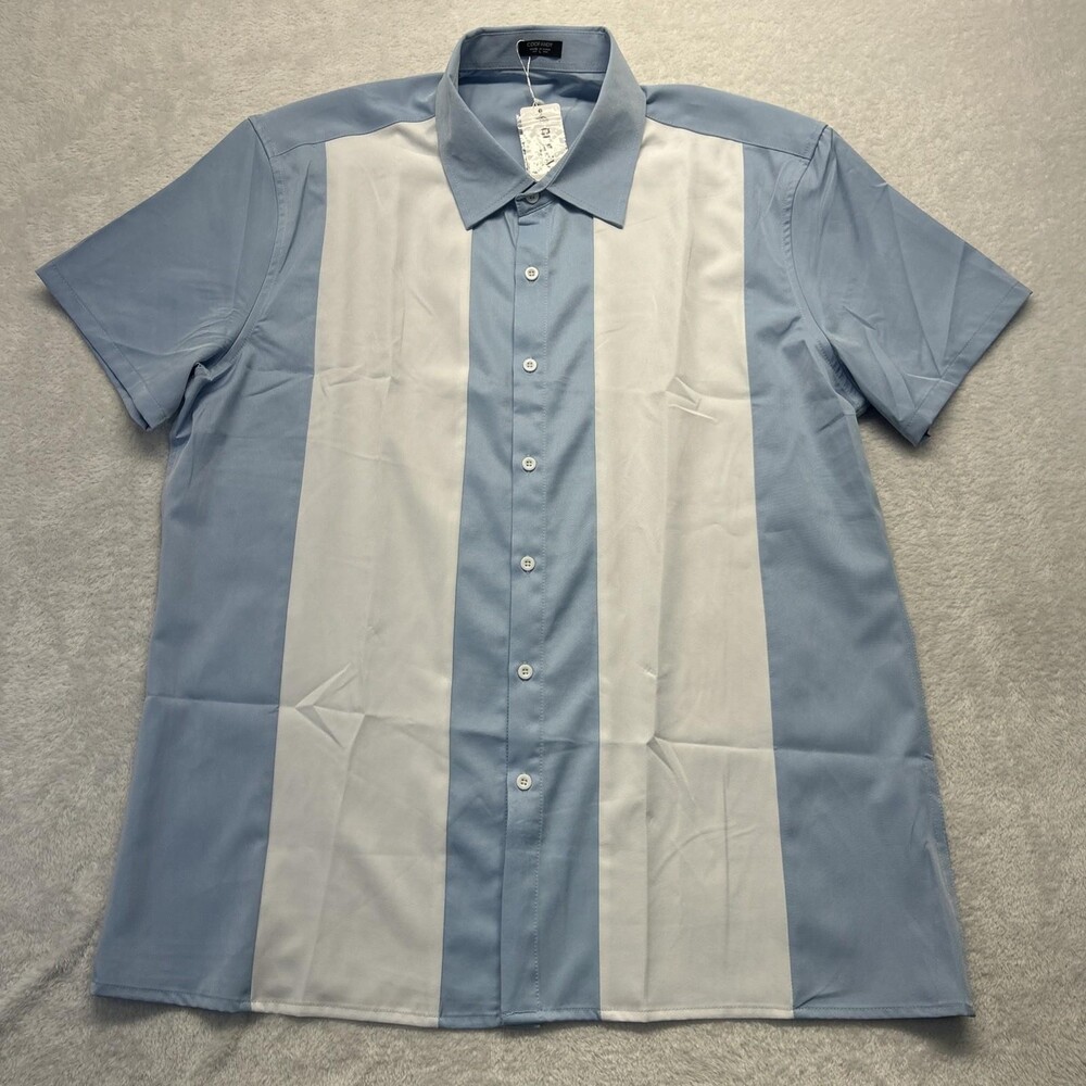 Coofandy Blue White Stripe Short Sleeve Button Up Mens L NWT Polyester Blend - Picture 2 of 11